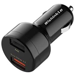 Wishinkle UL Certified Car Charger - Dual USB 5.4A/30W Fast Car Charger Adapter - QC 3.0 3A + 2.4A - Compatible with iPhone Xs max/XR/x/7/6s, iPad Air 2/Mini 3, Samsung Note 9/Galaxy S10/S9/S8 – Black