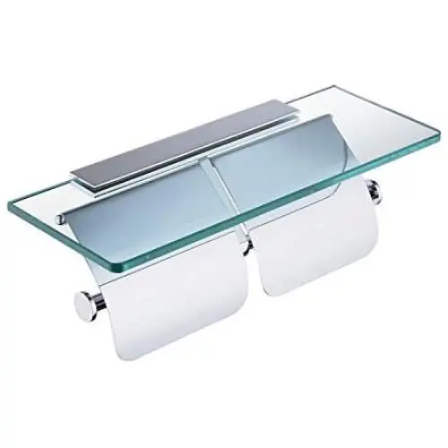 Hiendure Toilet Paper Holder,Double Bathroom Roll Tissue Holders Paper Dispenser with Glass Shelf and 2 Lids