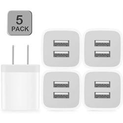 Power-7 USB Wall Charger, 5-Pack 2.1A/5V Dual Port USB Cube Power Adapter Charger Plug Charging Block Compatible with iPhone 11/Xs Max/XR/X/8/8 Plus/7/6S/6 Plus, Samsung, LG, Moto, Android Cell Phones