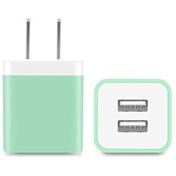 Power-7 USB Wall Charger, 2-Pack 2.1A Dual Port USB Plug Power Adapter Charging Block Charger Cube Compatible with iPhone 11/Xs/XR/X/8/7/6/Plus/5S, Samsung, LG, Moto, Android Phone (Green)