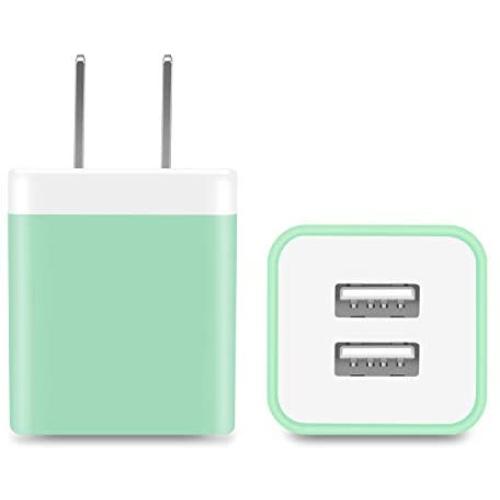 Power-7 USB Wall Charger, 2-Pack 2.1A Dual Port USB Plug Power Adapter Charging Block Charger Cube Compatible with iPhone 11/Xs/XR/X/8/7/6/Plus/5S, Samsung, LG, Moto, Android Phone (Green)