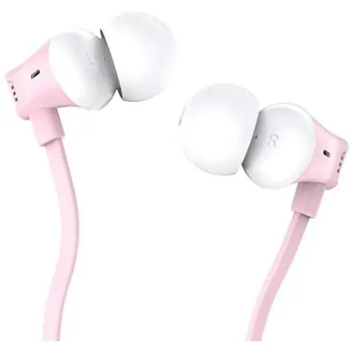 Earbuds, Vogek Tangle-Free Flat Cord Ergonomic in-Ear Headphones with Dynamic Crystal Clear Sound, Earphones with S/M/L Eartips Compatible with Samsung, Android Phone and More (Pink) Title