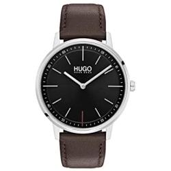Hugo Mens #Exist - Ultra Slim Quartz Stainless Steel and Leather Strap Casual Watch, Black, 1520014