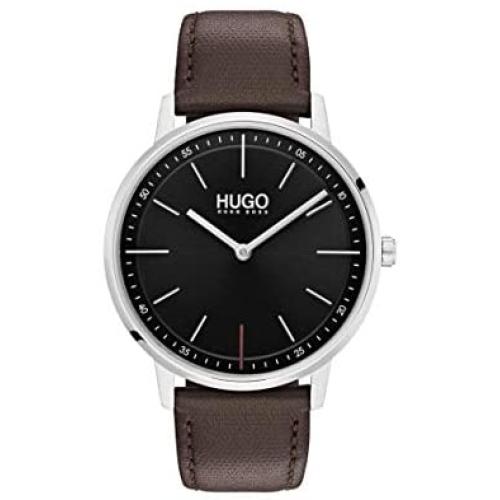 Hugo Mens #Exist - Ultra Slim Quartz Stainless Steel and Leather Strap Casual Watch, Black, 1520014