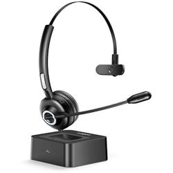 Trucker Bluetooth Headset with Microphone,Vogek Noise Cancelling Mic Wireless Headphones with Charging Base,Clear Hands-Free comfort-fit Headset for Home Office Online Class PC Call Center Skype-Black