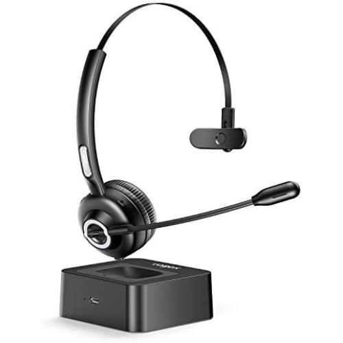 Trucker Bluetooth Headset with Microphone,Vogek Noise Cancelling Mic Wireless Headphones with Charging Base,Clear Hands-Free comfort-fit Headset for Home Office Online Class PC Call Center Skype-Black