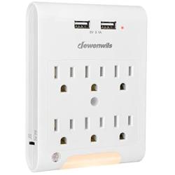 DEWENWILS Multi Outlet Adapter with 2 USB Charging Ports (3.1A total), Light Sensor LED Night Light, 6 Outlets Wall Plug Extender for Travel, Home, 1080Joules Surge Protector, ETL Listed, White