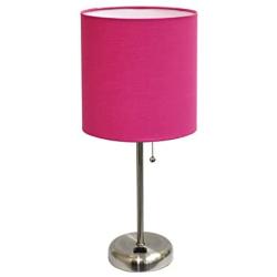 Limelights LT2024-PNK Brushed Steel Lamp with Charging Outlet and Fabric Shade, Pink