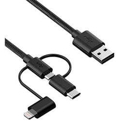 Wishinkle 3-in-1 Cable Type C/Micro USB/Lightning, 3-in-1 Nylon Braided Cable [Apple MFi Certified], For iPhone, iPad, iPod, Samsung Galaxy, Huawei, HTC, LG, Android Smartphones, and More,3.3ft, Black