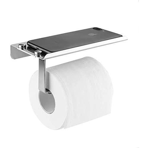 devesanter Toilet Roll Paper Holder Wall Mounted Self Adhesive Bathroom Tissue Dispenser Stainless Steel Toilet Paper Roll Storage with Mobile Phone Holder Stand