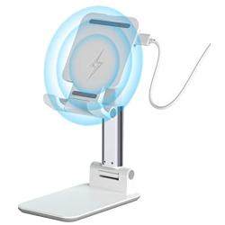 Wireless Charging Cell Phone Stand, Mini Foldable Adjustable Phone Holder, Bed Desk Tablet Mount (White)