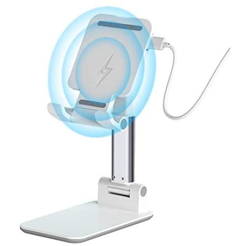 Wireless Charging Cell Phone Stand, Mini Foldable Adjustable Phone Holder, Bed Desk Tablet Mount (White)