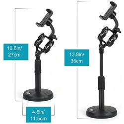 Desktop Microphone Stand with Cell Phone Holder, Adjustable Tabletop mic Stand with Shock Mount and Round Base for Recording Podcasting and Live Streaming.