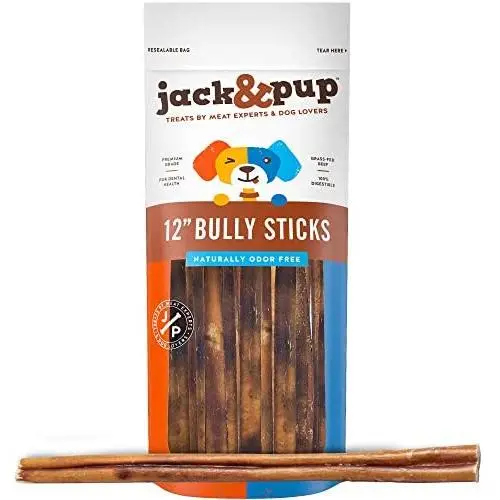 Jack & Pup 12-inch Premium Grade Odor Free Bully Sticks Dog Treats [Extra-Thick],– 12” Long All Natural Gourmet Dog Treat Chews – Fresh and Savory Beef Flavor – 30% Longer Lasting