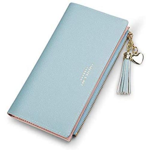 Wallets for Women Leather Cell Phone Case Holster Bag Long Slim Credit Card Holder Cute Minimalist Coin Purse Thin Large Capacity Zip Clutch Handbag Wallet for Girls Ladies (Blue)