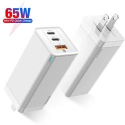 USB C Charger, Baseus 65W 3 Port PD 3.0 [GaN Tech] Type C Fast Charger Adapter Power Delivery Foldable Adapter, USB Wall Charger for MacBook (White)