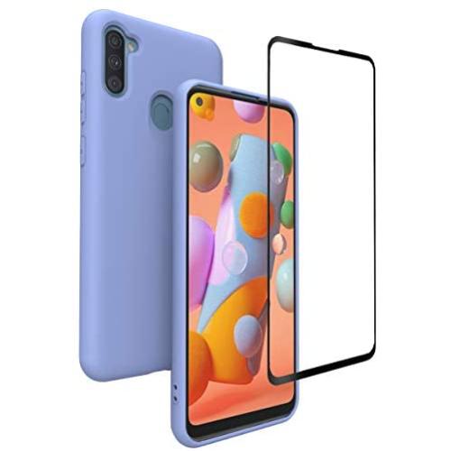 Weycolor Samsung Galaxy A11 Case, with Tempered Glass Screen Protector [2 Pack], Liquid Silicone Slim Soft Fit Drop Protection Case for Galaxy A11 (Purple)