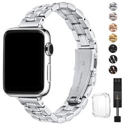 STIROLL Thin Replacement Band Compatible for Apple Watch 38mm 40mm 42mm 44mm, Stainless Steel Metal Wristband Women Men for iWatch 5/4/3/2/1 (Silver, 38mm/40mm)