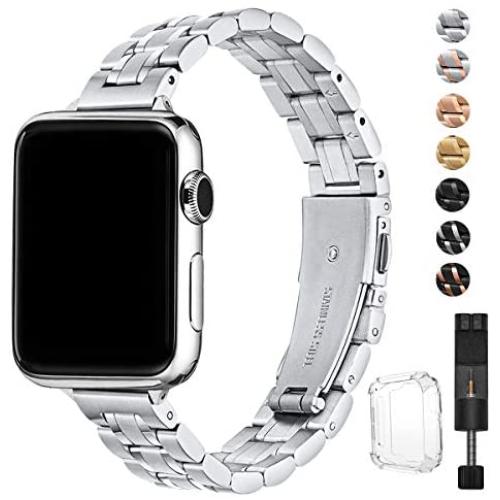 STIROLL Thin Replacement Band Compatible for Apple Watch 38mm 40mm 42mm 44mm, Stainless Steel Metal Wristband Women Men for iWatch 5/4/3/2/1 (Silver, 38mm/40mm)