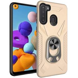 Oleaders for Galaxy A21 Case with Tempered Glass Screen Protector, Rotatable Metal Ring Holder Compatible with Magnetic Car Kickstand Case for Samsung Galaxy A21 - Gold