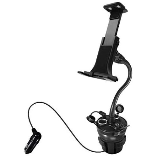 Macally Car Cup Holder Tablet Mount with Two High Powered USB Charging Ports 4.2A 21W, 2 Cigarette Lighter Sockets, 8" Long Neck, Works with Smartphones, iPad, Tablets, (MCUPPOWERTAB)