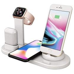 Charging Dock Stations | 4-In-1 Charger Stand Wireless Charging Station for Multiple Devices Multi-Device Charger for Apple Product iPhone Se 2020/11/11 /XS/8 Samsung Galaxy S20 AirPods iWatch (White)