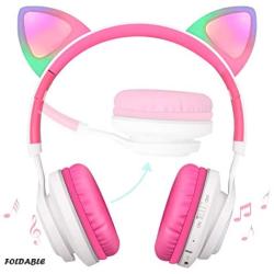 Bluetooth Headphones, Riwbox CT-7 Cat Ear LED Light Up Wireless Foldable Headphones Over Ear with Microphone and Volume Control for iPhone/iPad/Smartphones/Laptop/PC/TV (White&Pink)