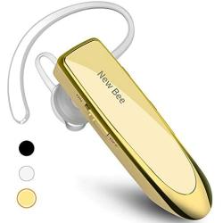 New bee Bluetooth Earpiece V5.0 Wireless Handsfree Headset 24 Hrs Driving Headset 60 Days Standby Time with Noise Cancelling Mic Headsetcase for iPhone Android Samsung Laptop Truck Driver White (Gold)