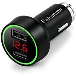 Palumma 24W/4.8A Dual USB Car Charger, 12V to USB Outlet with Cigarette Lighter Voltage Meter LED/LCD Display Battery Low Voltage Warning (Black)