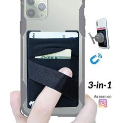 New 3-in-1 Stick On Wallet for Any Phone Case | Unique: Spandex + Mounts to Magnets + Double-Pocket + Finger Strap + RFID Block – Strong 3M Sticky + Magnetic (Black, 1 Pack)