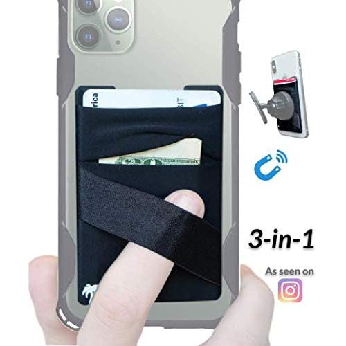 New 3-in-1 Stick On Wallet for Any Phone Case | Unique: Spandex + Mounts to Magnets + Double-Pocket + Finger Strap + RFID Block – Strong 3M Sticky + Magnetic (Black, 1 Pack)
