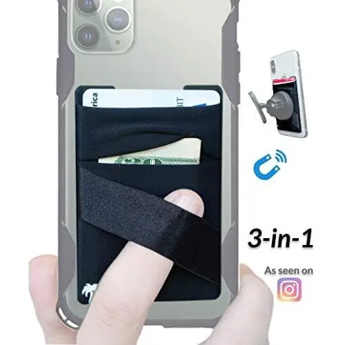 New 3-in-1 Stick On Wallet for Any Phone Case | Unique: Spandex + Mounts to Magnets + Double-Pocket + Finger Strap + RFID Block – Strong 3M Sticky + Magnetic (Black, 1 Pack)