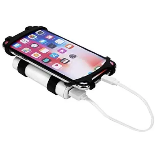 Bike Combo Power Mount, Universal Bicycle Smart Phone and Power Bank Holder, Adjustable Silicone Handlebar Rack for iPhone, Samsung Galaxy, 4” to 6” Phones (Black)