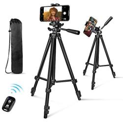 Phone Tripod, Aureday 50” Extendable Adjustable Travel Tripod Stand with Phone Holder Mount & Remote, Compatible with iPhone & Android Phone & Camera