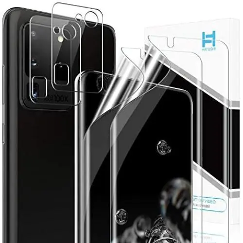 [2+2] HATOSHI for Samsung Galaxy S20 Ultra 5G (6.9-inch), 2 Pack Flexible TPU Film Screen Protector + 2 Pack Tempered Glass Camera Lens Protector, [Maximum Coverage] [Bubble Free] Case Friendly