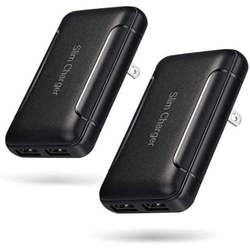 Slim USB Wall Charger, Pofesun 2 Pack Flat Dual Port USB Wall Charger Charging Block Adapter with Foldable Plug Compatible with iPhone Xs/XS Max/XR/X/8/8 Plus/7/6S/ 6S Plus,Samsung Galaxy,HTC-Black