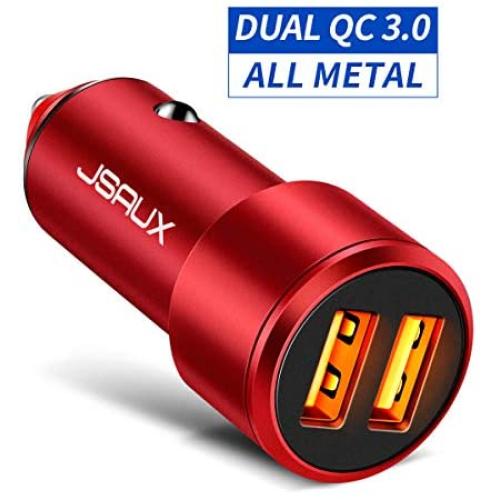 Car Charger, JSAUX Quick Charge 3.0 3A Dual USB Ports 36W Fast Car Adapter Metal Compatible with Samsung Galaxy S10 S9 S8 S20 Plus Note 10 9 8 S7, iPhone Xs Max XR X 8 7 6, iPad, LG G6 V20, Moto Red