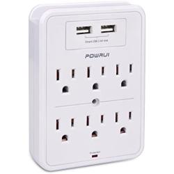 POWRUI Surge Protector, USB Wall Charger with 2 USB Charging Ports(Smart 2.4A Total), 6-Outlet Extender and Top Phone Holder for Your Cell Phone, White, ETL Listed