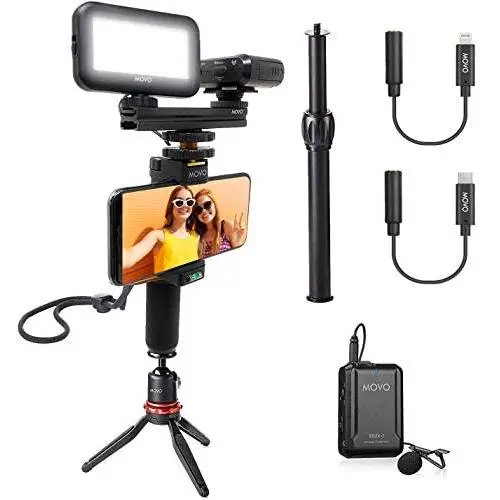 Movo Wireless Smartphone Video Kit with Tripod, Grip Rig, Wireless Lavalier Microphone, LED Light, Lightning, USB Type C Dongles - Compatible with iPhone, Android, Samsung Galaxy, Pixel, Moto, and HTC