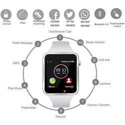 Smart Watch - Sazooy Bluetooth Smart Watch Support Make/Answer Phones Send/Get Messages Compatible Android iOS Phones with Camera Pedometer SIM SD Card Slot for Men Women (White)