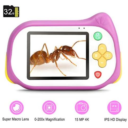 Kids Camera with Microscope Function,Koolertron 200X Magnifier Digital Microscope 15MP 4K Compact Starter Camera Mini Video Player Recorder 32GB TF Card Choice for 3-10 Years Old Boys Girls (Pink)