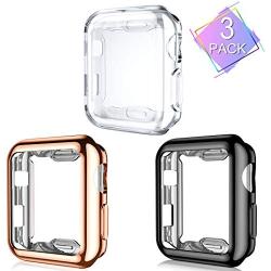 Henva Compatible with Apple Watch Case 38mm Series 3, Series 2, Series 1, Overall Protective Case Ultrathin TPU Cover Compatible for iWatch 38mm Series 3 2 1, 3 Pack, Black, Clear, Rose Gold