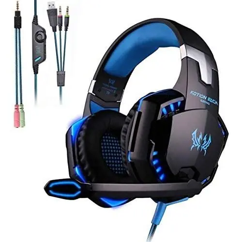 KOTION Each Gaming Headset for PS4,PC,Xbox One,Professional Noise Lsolation, Over Ear Headphones with Mic,LED Light,Bass Surround,Soft Memory Earmuffs,Gaming Headphones-Blue(Adapter Not Included KOTION Each Gaming Headset for PS4,PC,Xbox One,Professional Noise Lsolation, Over Ear Headphones with Mic,LED Light,Bass Surround,Soft Memory Earmuffs,Gaming Headphones-Blue(Adapter Not Included
