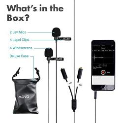 Movo Professional Lavalier Lapel Clip-on Interview Podcast Microphone with Secondary Mic and Headphone Monitoring Input for iPhone, iPad, Samsung, Android Smartphones, Tablets - Podcast Equipment