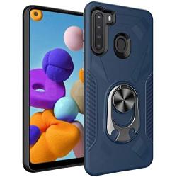 Oleaders for Galaxy A21 Case with Tempered Glass Screen Protector, Rotatable Metal Ring Holder Compatible with Magnetic Car Kickstand Case for Samsung Galaxy A21 - Blue