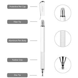 Mixoo Stylus Pens for Touch Screens - Disc & Fiber Tip 2 in 1 High Sensitivity Universal Stylus for iPad, iPhone, Tablets and Other Capacitive Touch Screens (White)