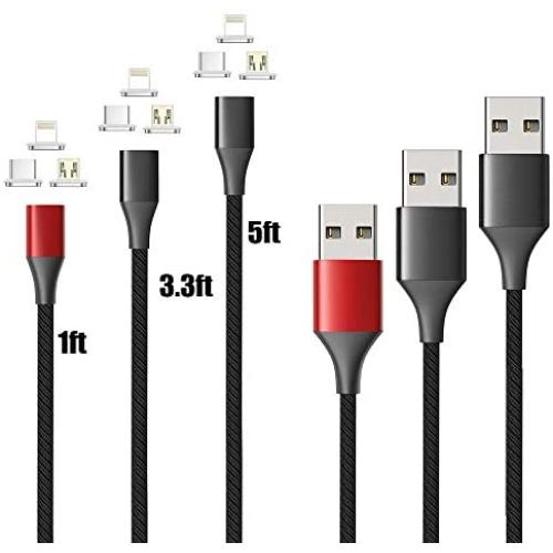 NetDot Gen10 3 in 1 Nylon Fast Charging Cable Compatible with Micro USB & USB-C Smartphones and i-Product(3 Pack,1ft red/3.3ft black/5ft Black)