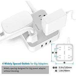 Power Strip with USB, TESSAN Mountable Flat Plug Extension Cord with 4 Widely Spaced Outlets, 3 USB Charger, 5 FT Power Cord, Compact Size Charging Station for Home, Office, Dorm Essentials, Gray