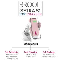 BROQLI Fast Wireless Car Charger Mount Kit, One Touch Automatic Clamping Qi Cell Phone 10W Power Charging Air Vent Dashboard Holder iPhone X/Xs Max/XR/8/8+,Galaxy S10/S10+/S9/S9+/S8/S8+ (Shira Pink)