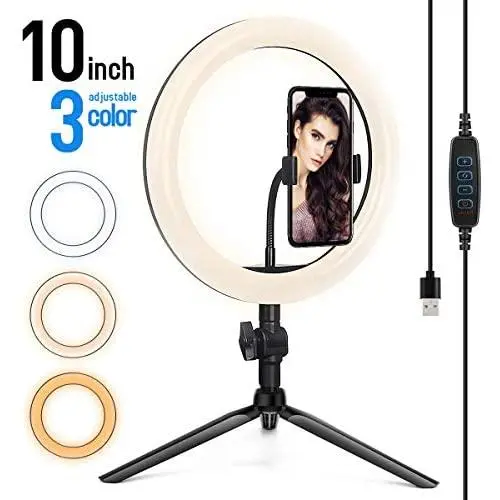 LED Ring Light with Tripod Stand 10" for Video and Makeup Cell Phone Holder Desktop LED Lamp with 3 Light Modes LED Ring Light with Tripod Stand 10" for Video and Makeup Cell Phone Holder Desktop LED Lamp with 3 Light Modes